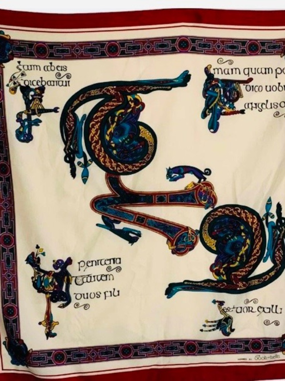 Celtic Dragon Scarf in Ivory, Green, Red, Blue inspired by the Book of Kells.
